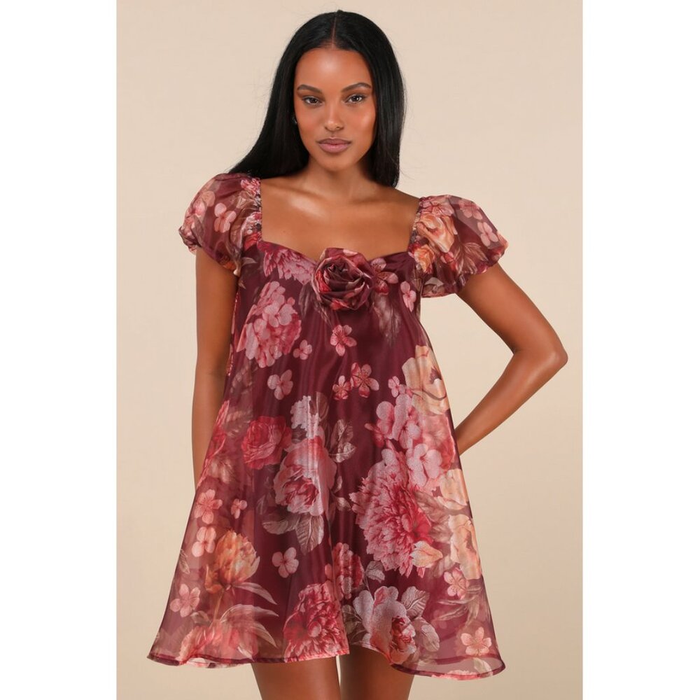 Lulus Sz. S New Cute Flair Wine Red Floral Organza Puff Sleeve Shift Mini Dress